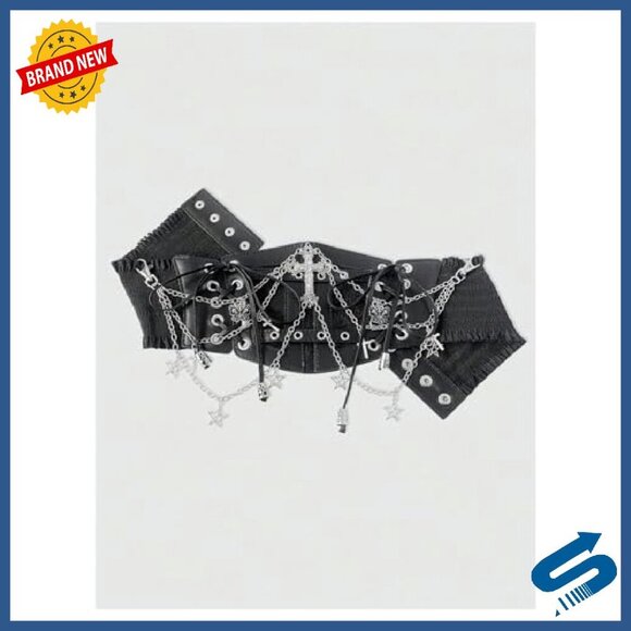 Faux Leather Corset Belt with Chain Cross Lace Up Elastic Waist